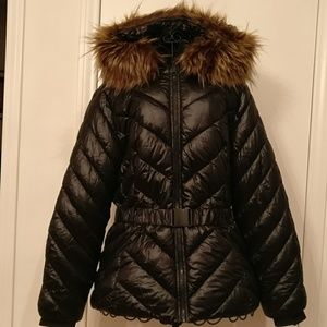H&M Women's Belted Puffer Jacket w/Faux Fur Hood